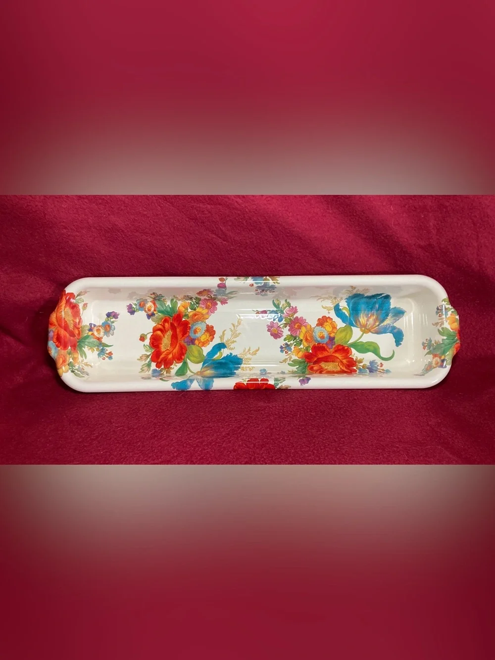 Mackenzie Childs White Flower Market Enamelware Baguette Dish 18” Bread Pan